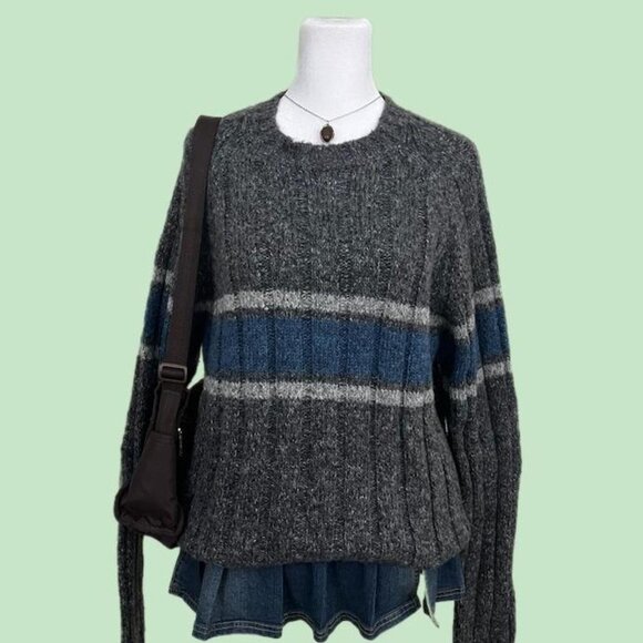 y2k striped indie skate grunge chunky wool knit sweater - Picture 1 of 8